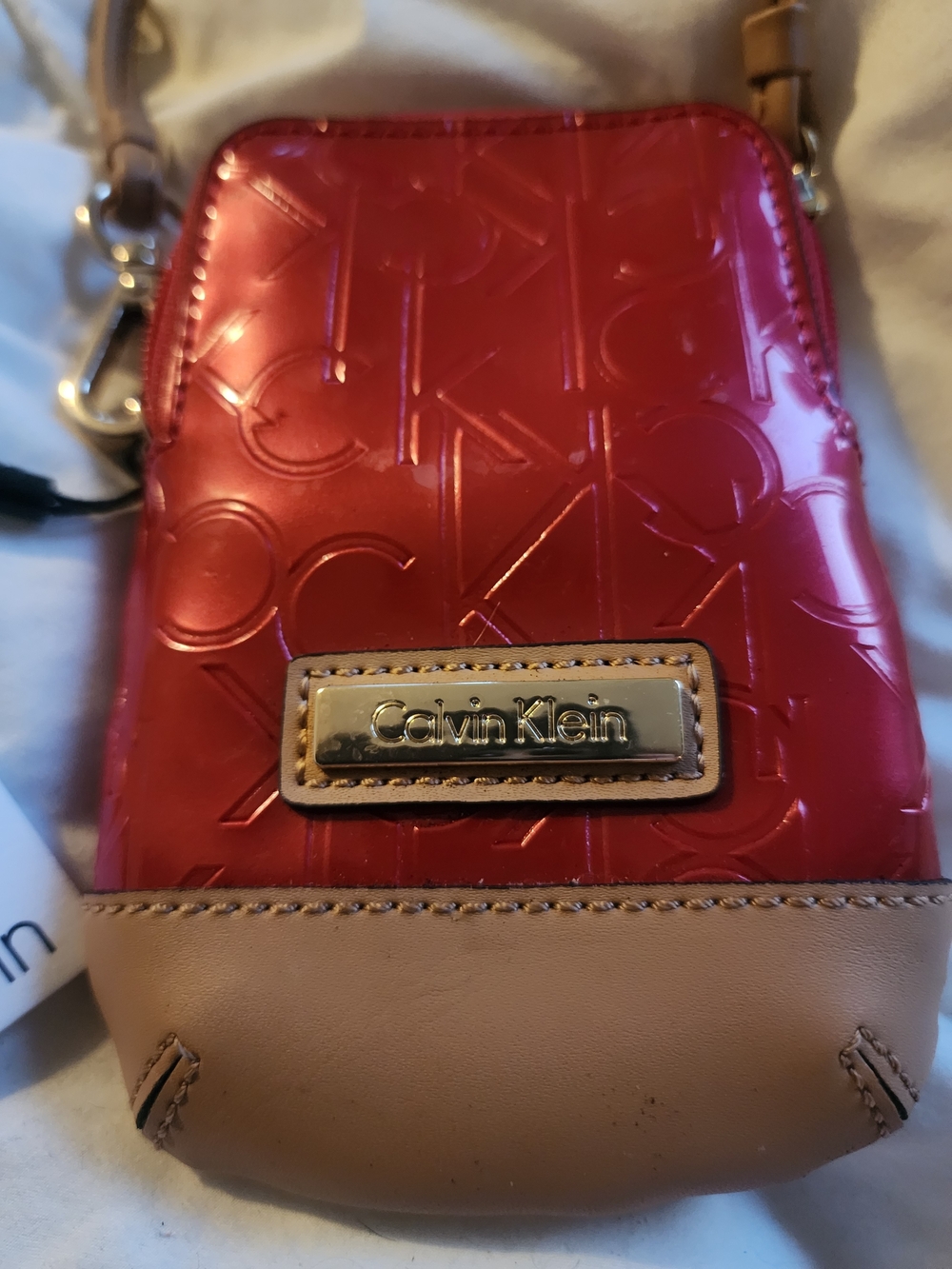 Calvin Klein Red Patent Wristlet with Tan Trim
